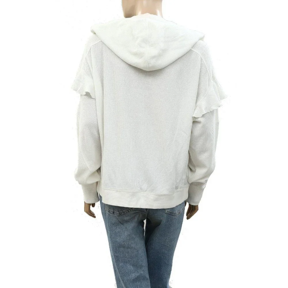 Urban Outfitters UO Thermal Hoodie Blouse Top White Cotton Ruffle L New